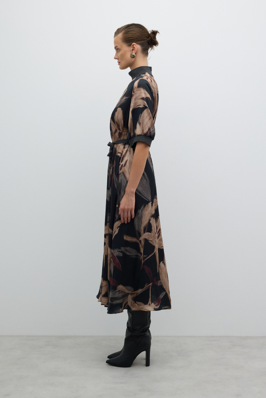 Yarım Balıkçı Beli Bağcıklı Midi Boy Elbise Standart Renk - 3