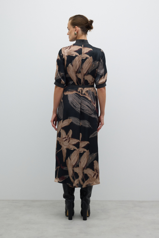 Yarım Balıkçı Beli Bağcıklı Midi Boy Elbise Standart Renk - 2