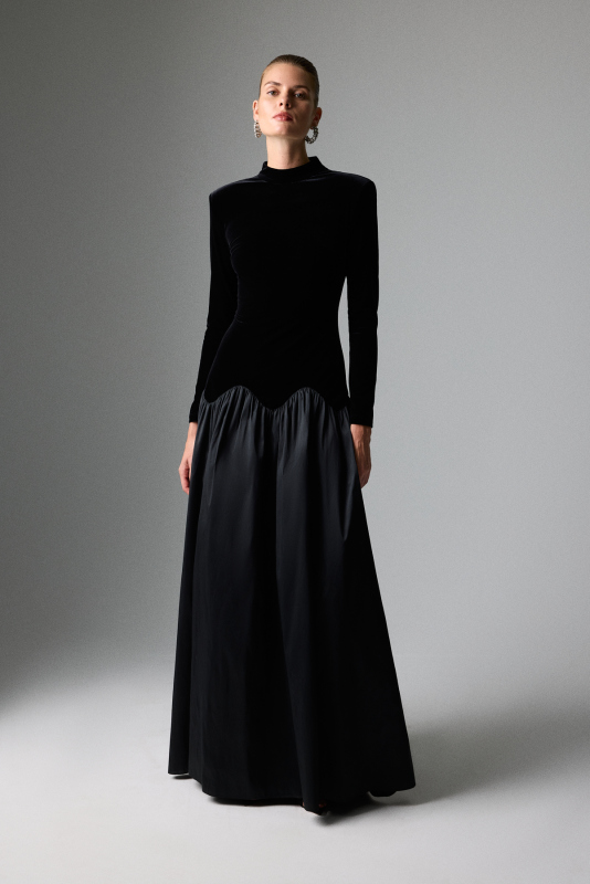 Yarım Balıkçı Uzun Kollu Maksi Elbise Siyah - Roman