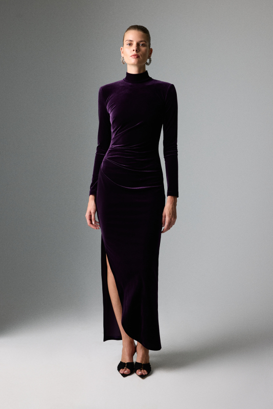 Yarım Balıkçı Yaka Drape ve Yırtmaç Detaylı Midi Boy Elbise Mürdüm - Roman