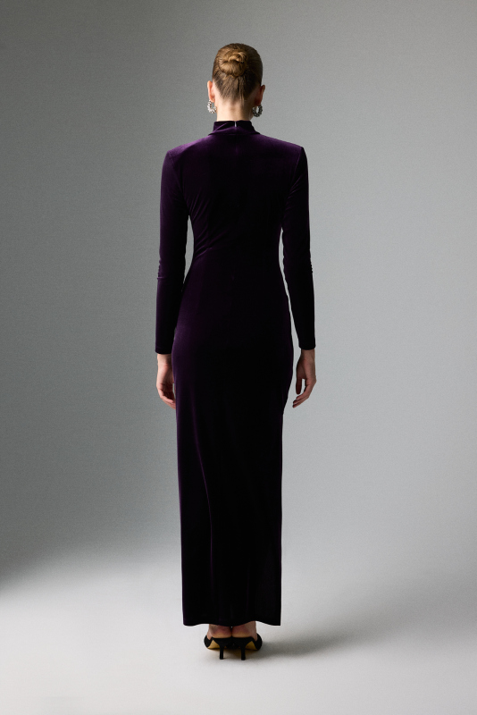 Yarım Balıkçı Yaka Drape ve Yırtmaç Detaylı Midi Boy Elbise Mürdüm - Roman (1)