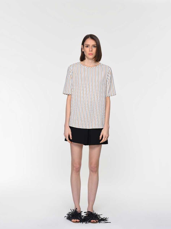 Yarım Kollu Çizgili Bluz Standart Renk - 3