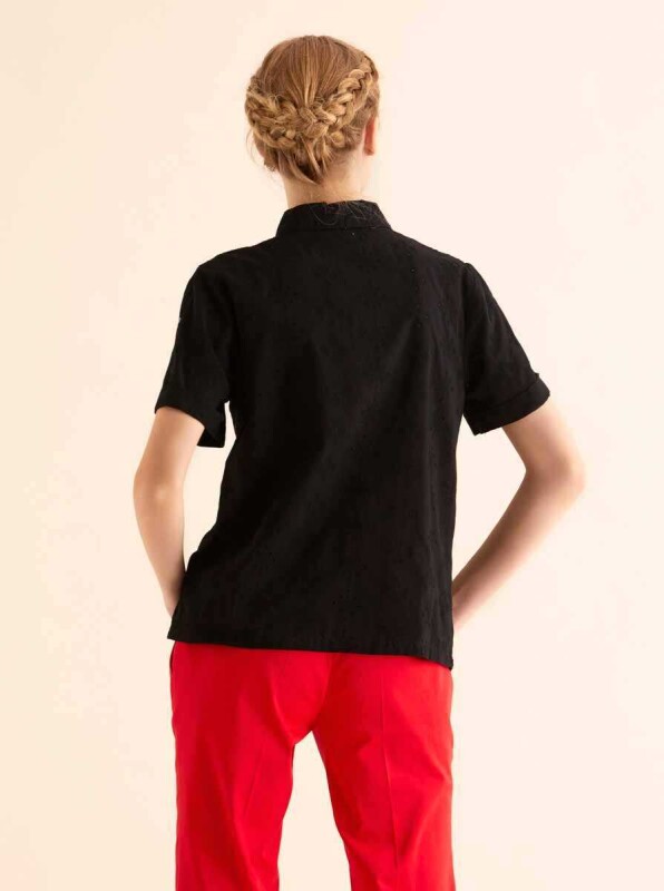 Yarım Kollu Desenli Kadın Gömlek Siyah - 2