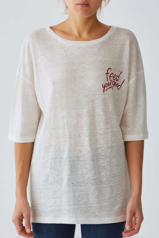 Yazı Detaylı Kadın T-Shirt Ekru 