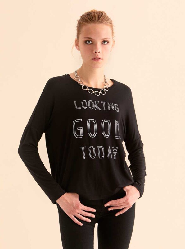 Yazılı Uzun Kol T-Shirt Siyah - 1