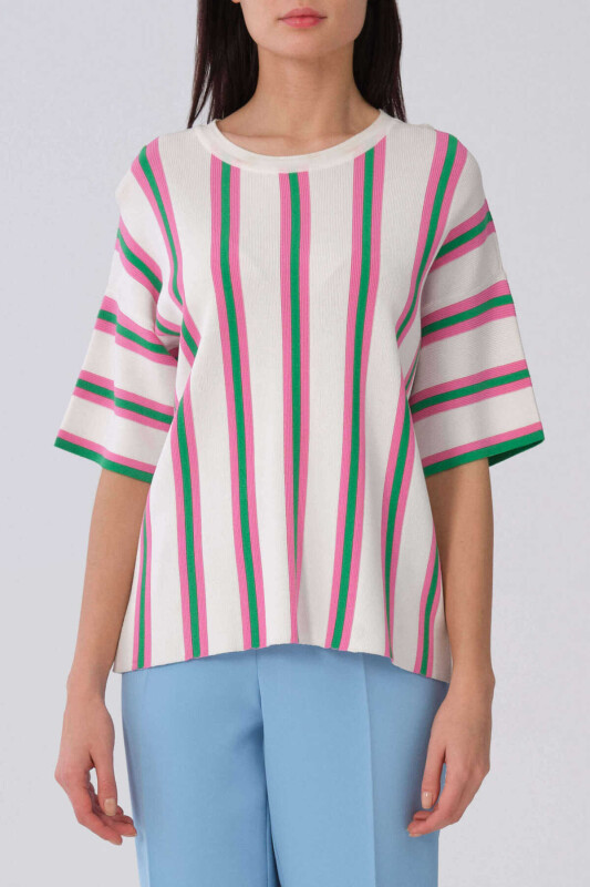 Yeşil Pembe Çizgi Detaylı Triko Standart Renk - 1