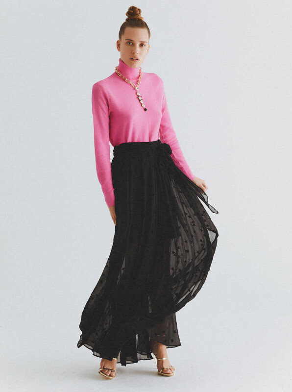  Yıldız Desenli Tül Uzun Etek Siyah - 1