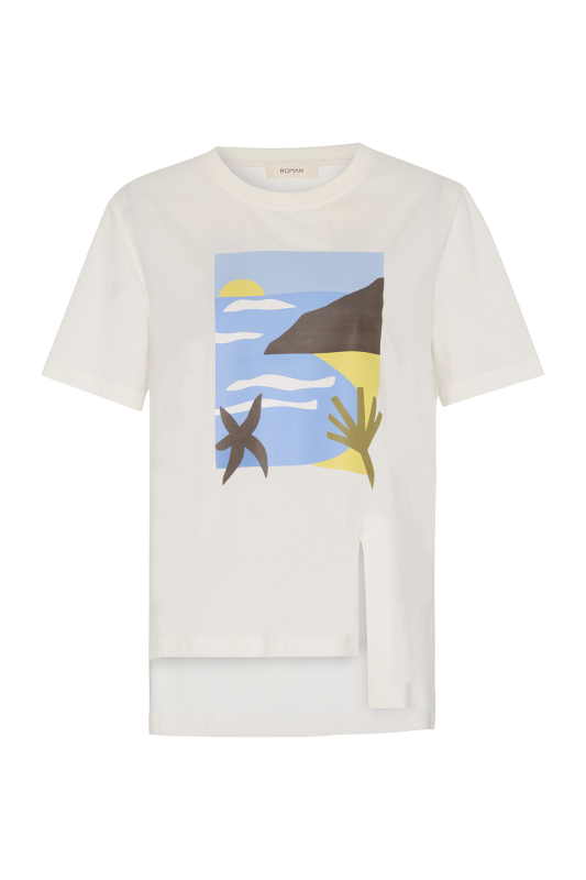 Yırtmaç Detaylı Baskılı T-shirt Ekru - Roman