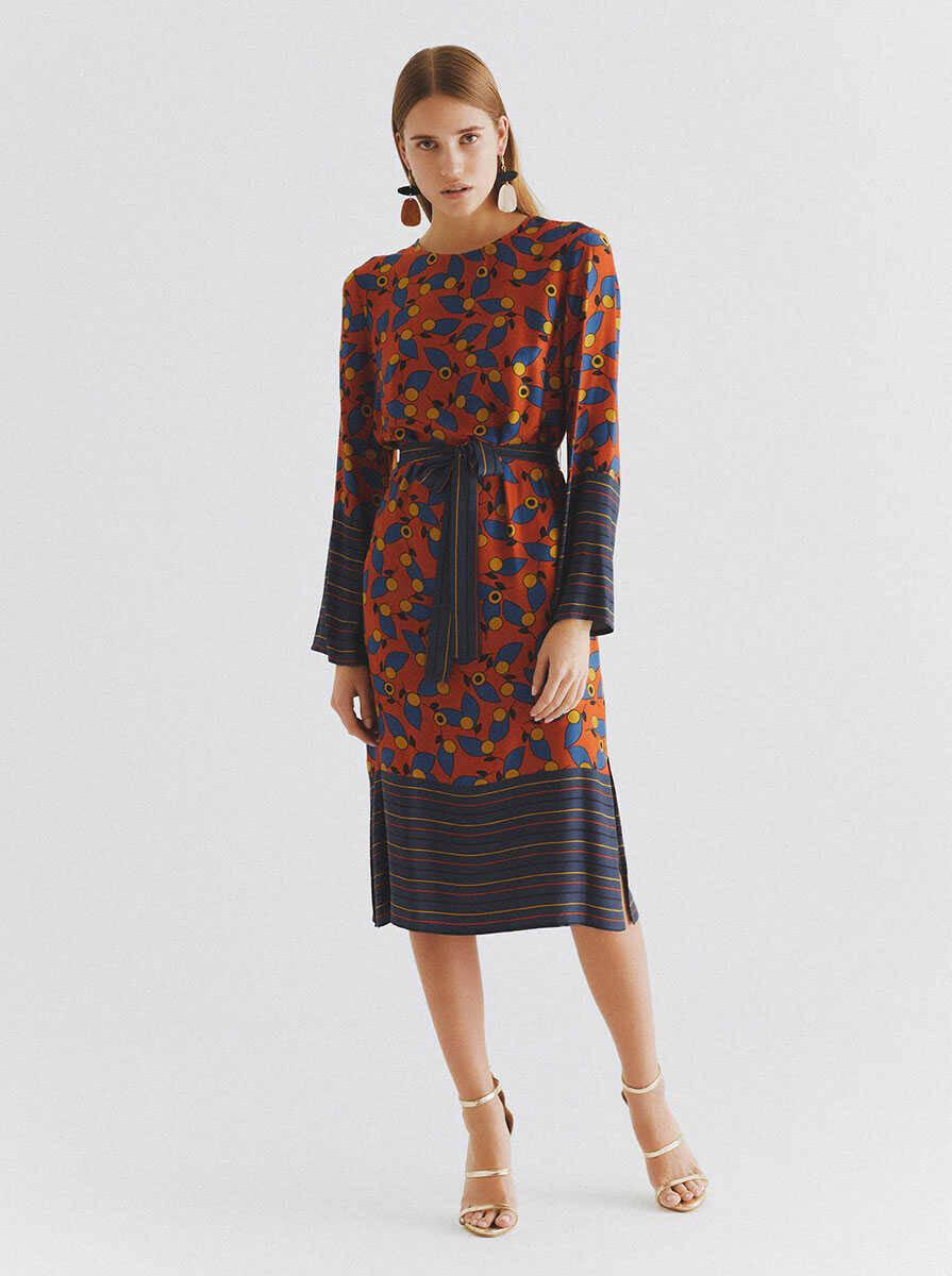 Yırtmaç Detaylı Desenli Günlük Elbise Standart Renk - Roman