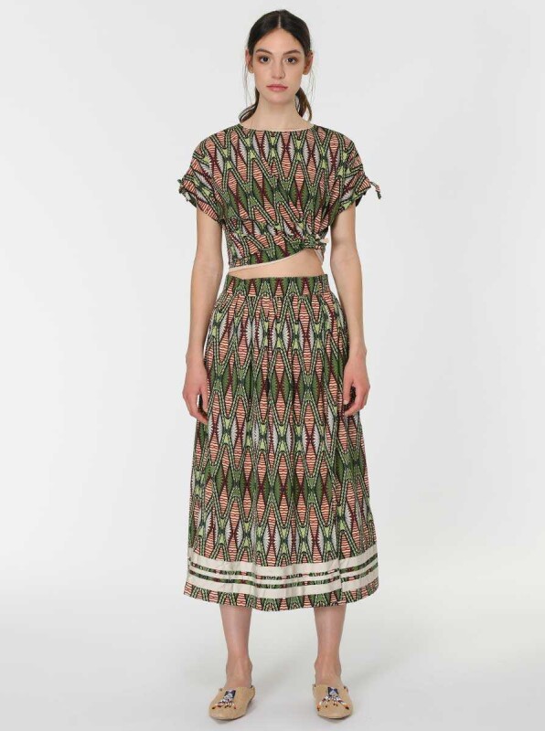 Yırtmaç Detaylı Desenli Midi Etek Standart Renk - 1