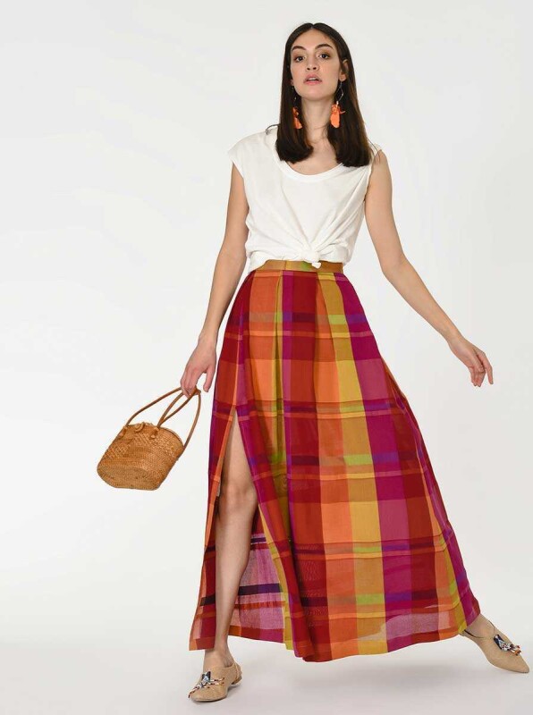 Yırtmaç Detaylı Desenli Uzun Etek Standart Renk - 4