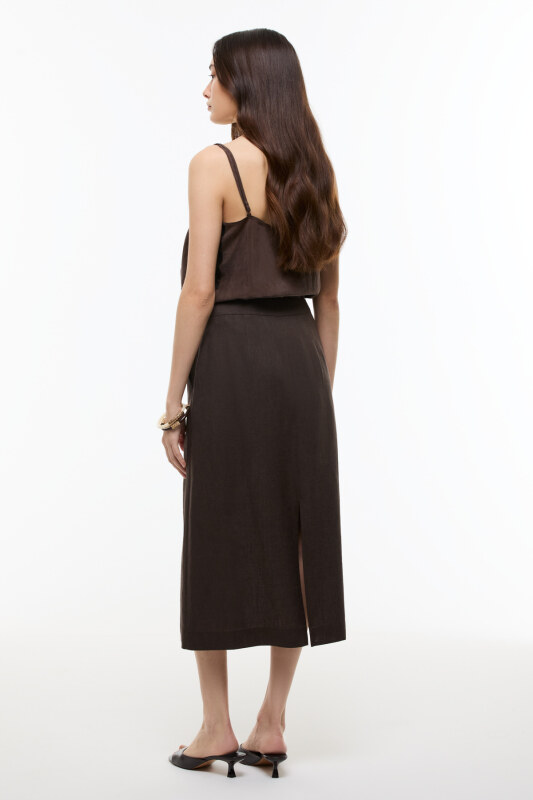Yırtmaç Detaylı Keten Midi Etek Kahve - 2