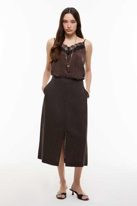 Yırtmaç Detaylı Keten Midi Etek Kahve - 1