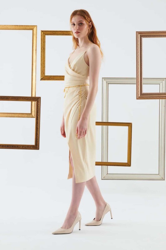 Yırtmaçlı Askılı Abiye Elbise Vanilya - 3