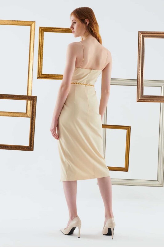 Yırtmaçlı Askılı Abiye Elbise Vanilya - 2