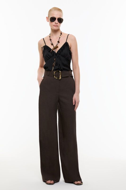 Yüksel Bel Geniş Paça Kemer Detaylı Keten Pantolon Kahve - Roman