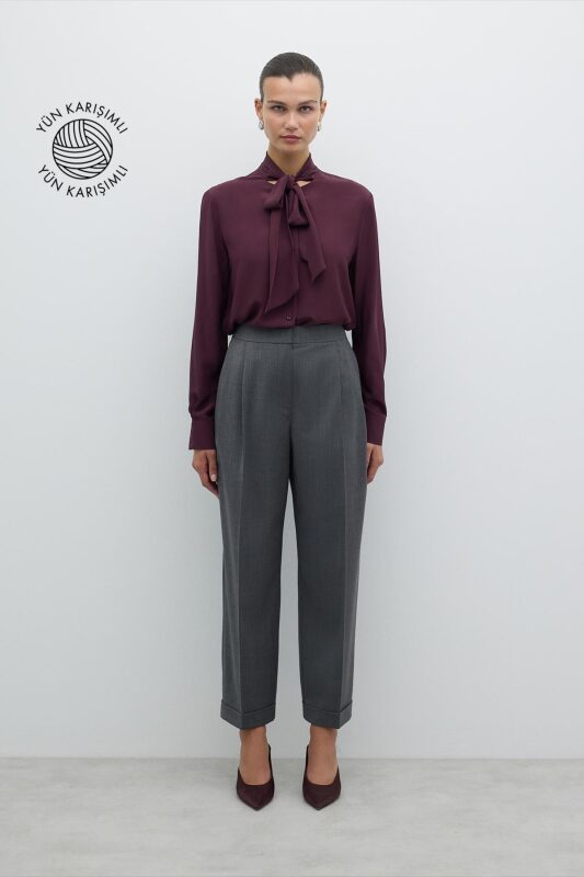 Yün Double Paça Çift Pileli Havuç Pantolon Gri - Roman