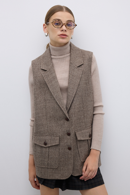 Yün Karışımlı Çift Cepli Yelek Kahve - Roman