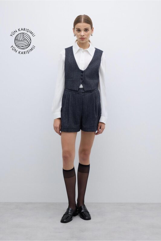 Yün Karışımlı Çift Pileli Şort Lacivert - Roman