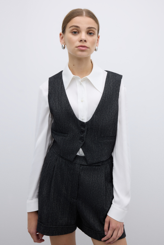 Yün Karışımlı Çift Pileli Şort Siyah - 3