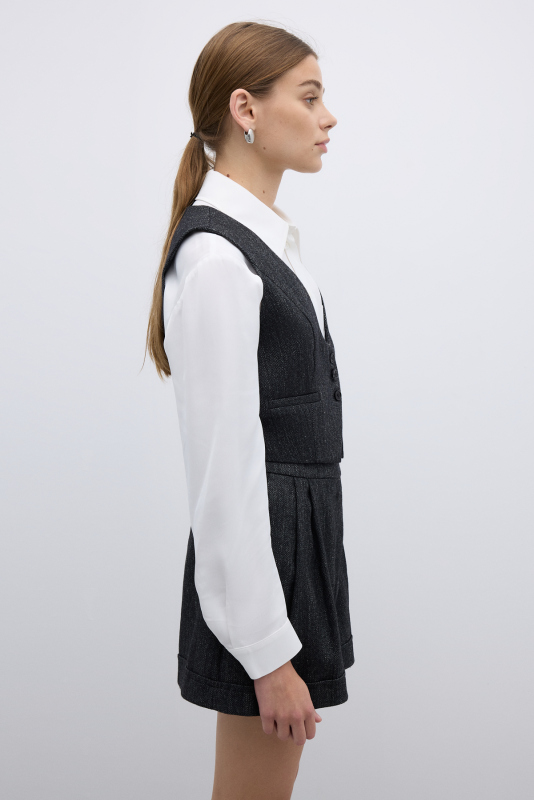 Yün Karışımlı Çift Pileli Şort Siyah - 4