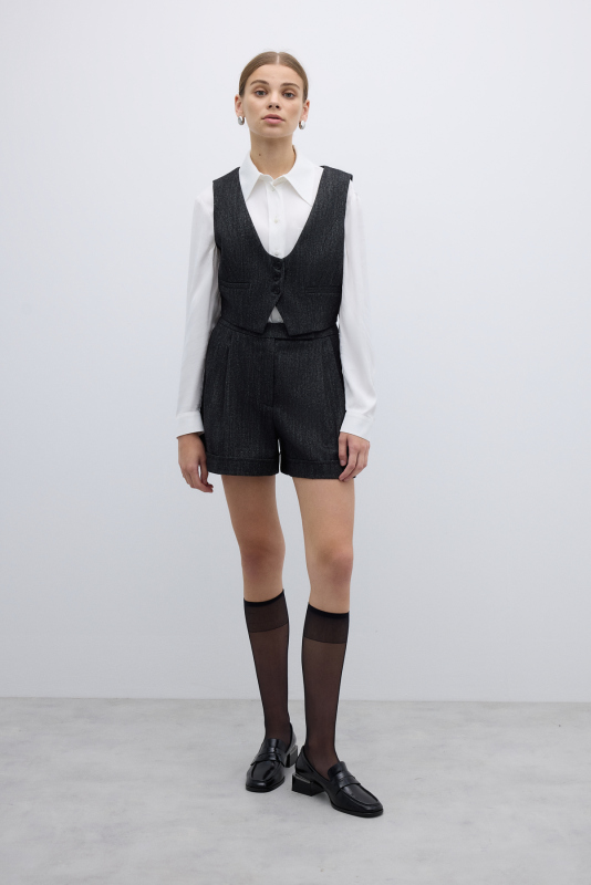 Yün Karışımlı Çift Pileli Şort Siyah - Roman