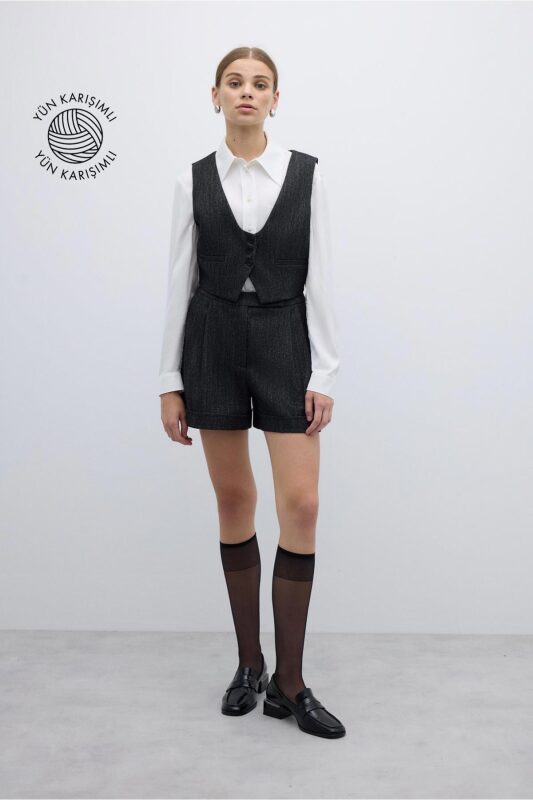 Yün Karışımlı Çift Pileli Şort Siyah - Roman