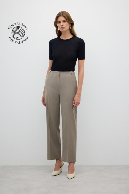 Yün Karışımlı Düz Paça Pantolon Kum Beji - 1