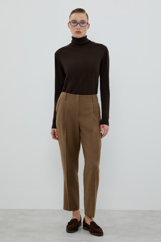 Yün Karışımlı Tek Pileli Havuç Pantolon Kahve - 3