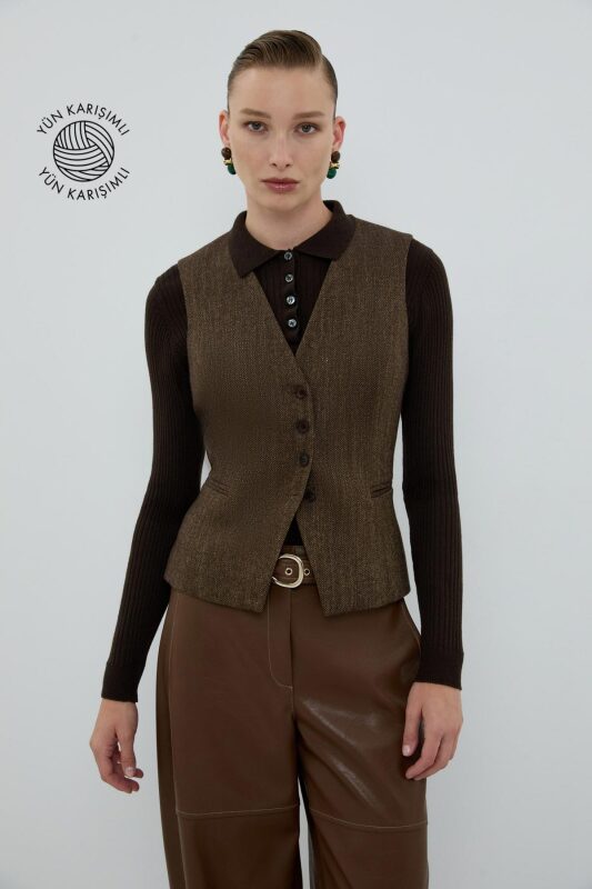 Yün Karışımlı V Yaka Önü Düğmeli Yelek Kahve - Roman