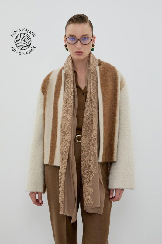 Yün ve Kaşmir Karışımlı Desenli Şal Açık Kahve - Roman