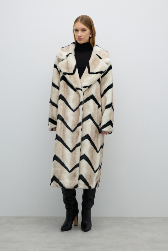 Zigzak Çizgili Suni Kürk Kaban Bej- Siyah - 5